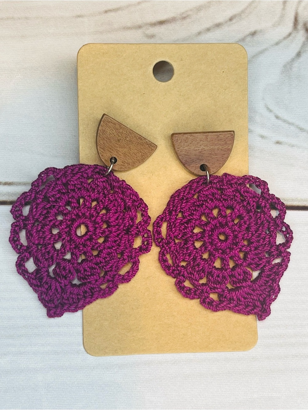 Hand Crafted Magenta Crochet & Wood Dangle Earrings